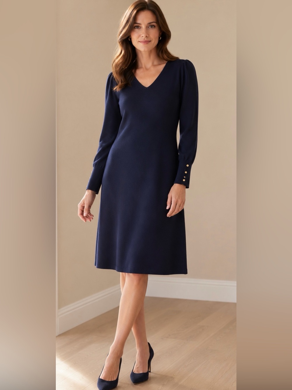 Talbots Navy V-Neck Long Sleeve Knit Dress with Button Cuffs